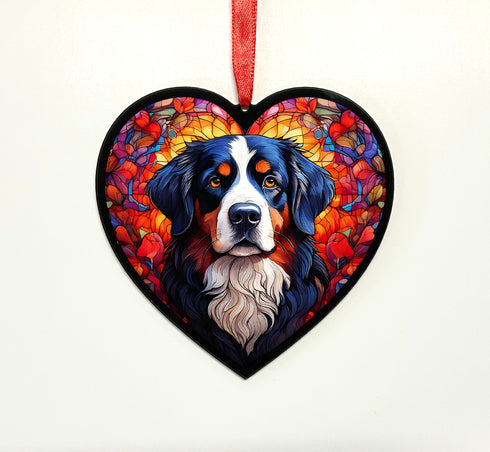 Bernese Mountain Dog Stained Glass Effect Heart Suncatcher